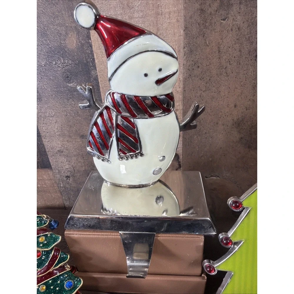 Vtg Metal Enamel Christmas Stocking Holders Lot of 3 Jeweled Tree Snowman Mantel